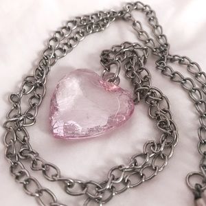 Pink Crystal Heart Necklace on Silver-Color Chain